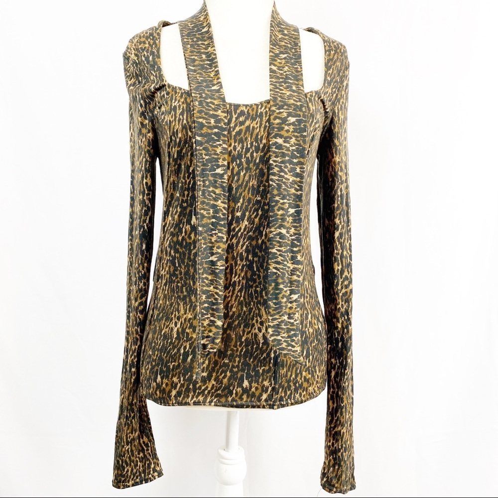 Free People Animal Print Top Shirt Scoop Tie Neck